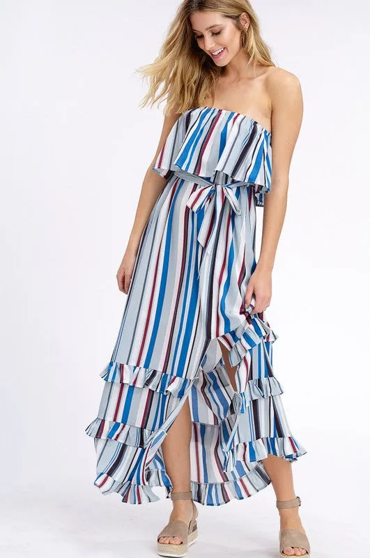 South of the Border Strapless Striped Maxi Dress - Gray Mix