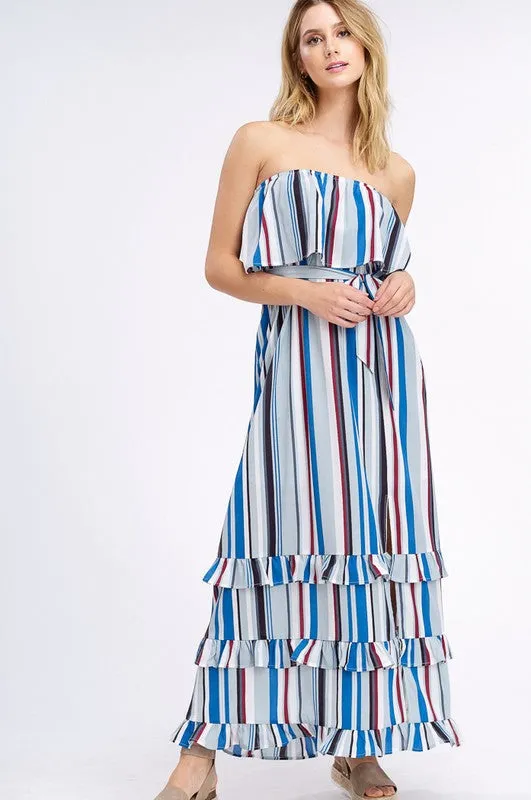 South of the Border Strapless Striped Maxi Dress - Gray Mix
