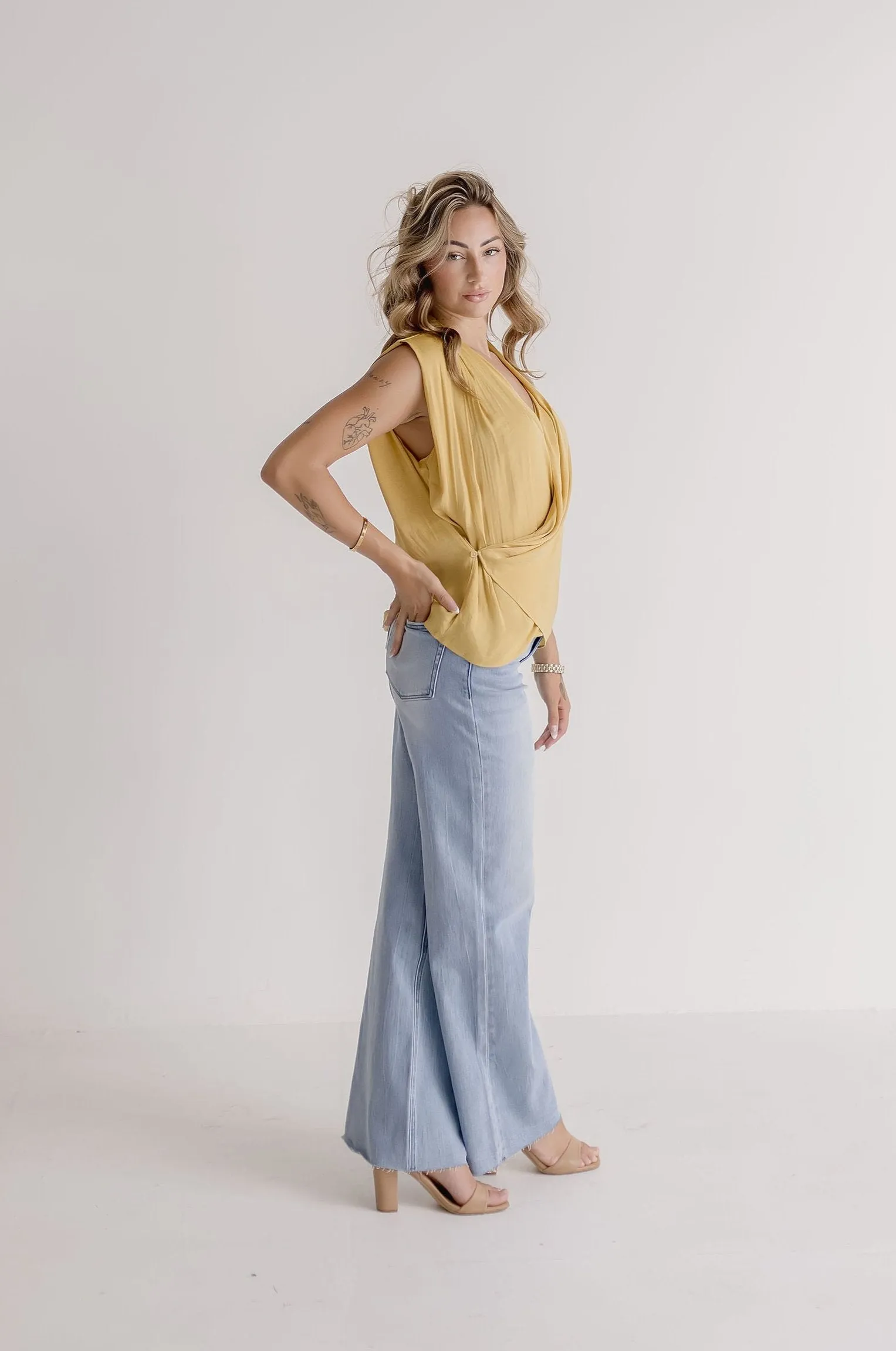 Toni Sleeveless Draped Wrap Top Yellow