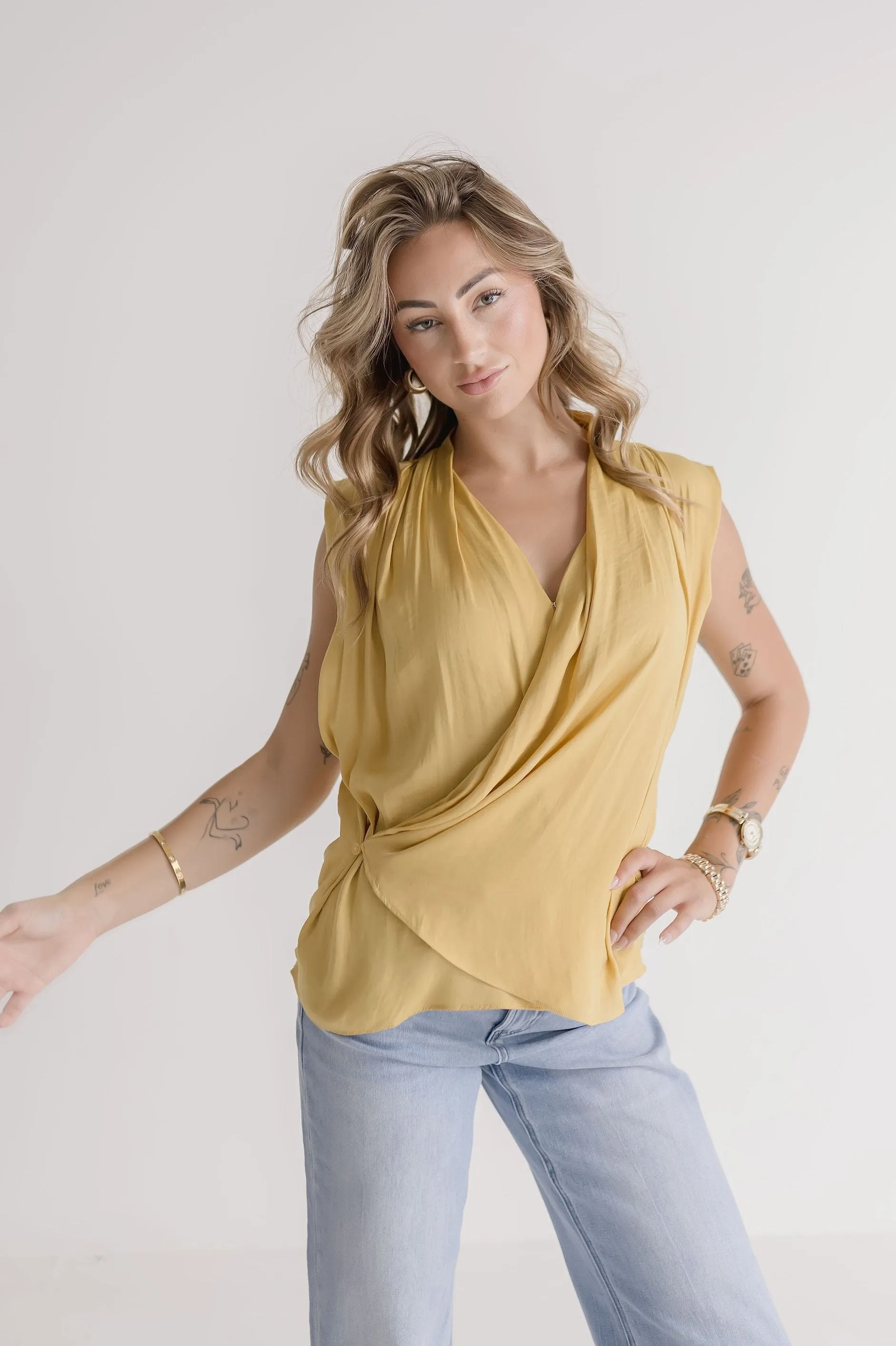 Toni Sleeveless Draped Wrap Top Yellow