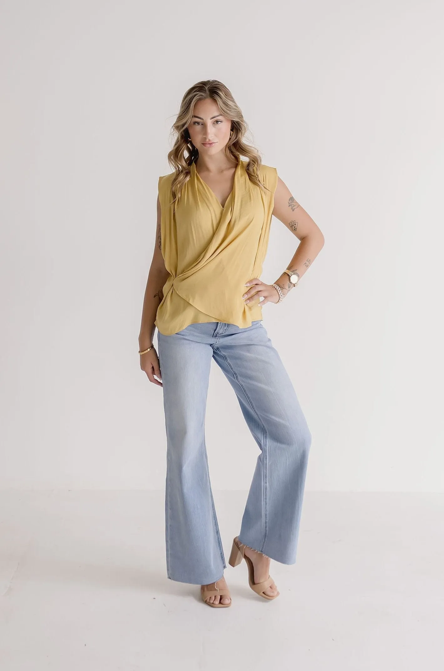 Toni Sleeveless Draped Wrap Top Yellow