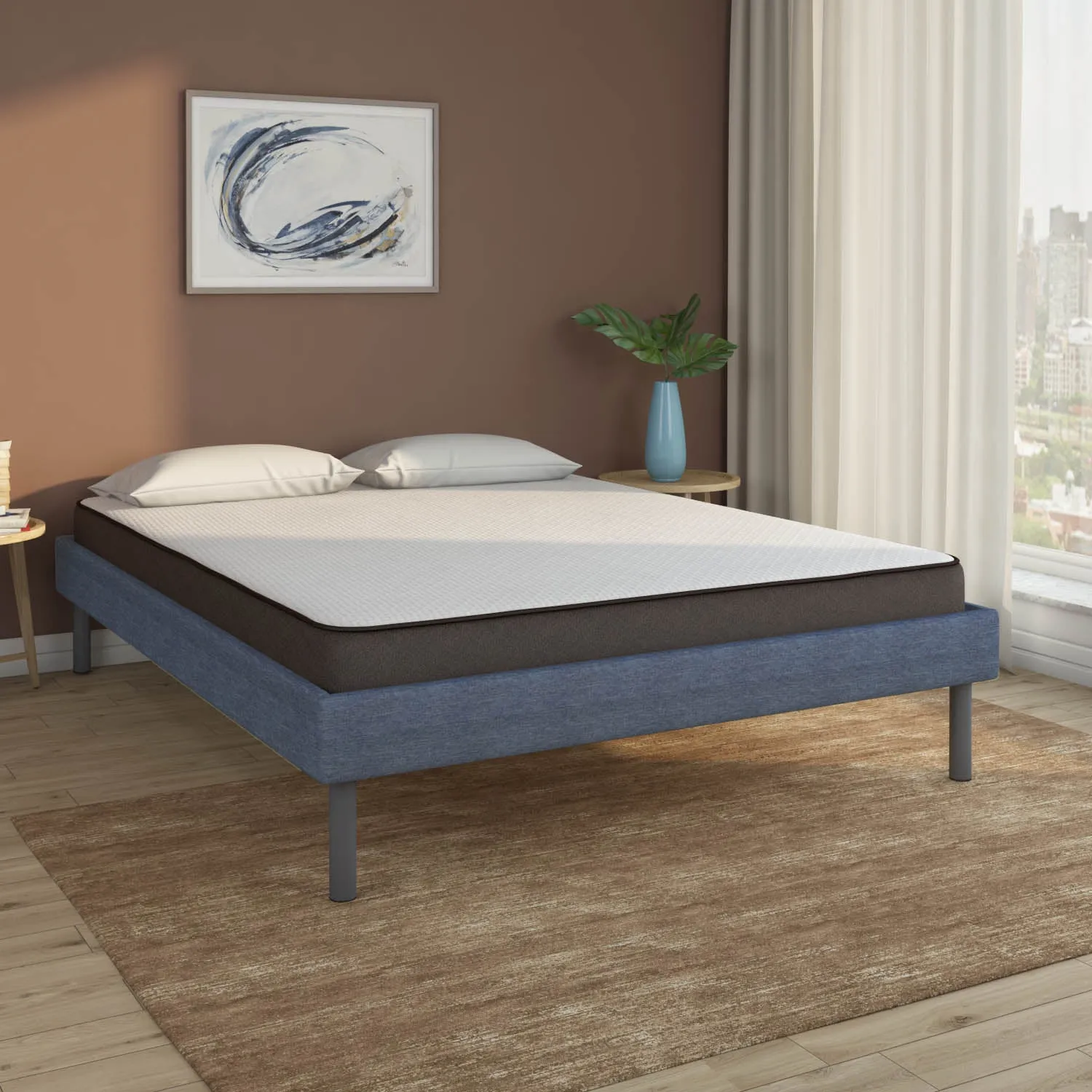Velvette Upholstered Bed (Blue)   Lite Dual Comfort Mattress (Queen)