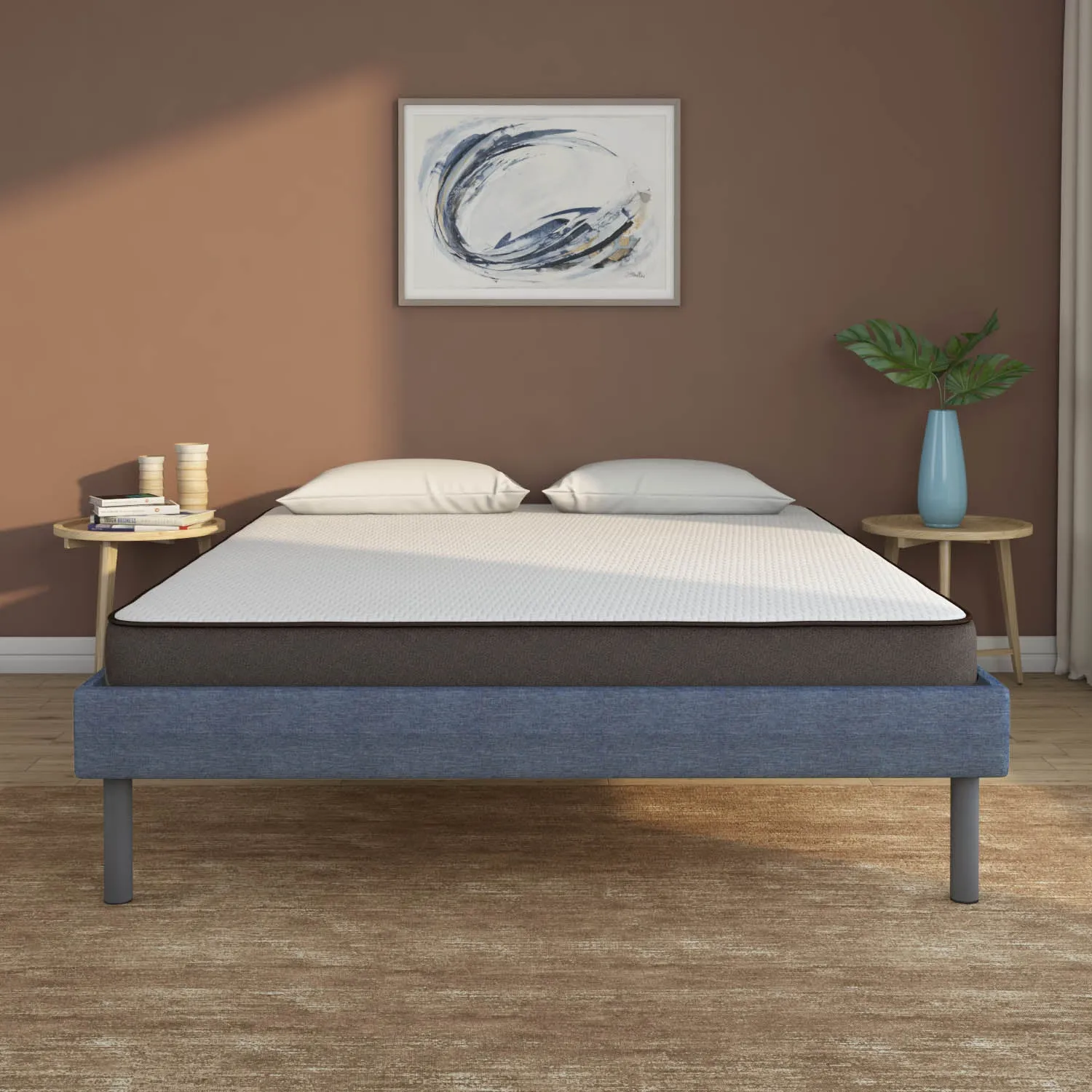 Velvette Upholstered Bed (Blue)   Lite Dual Comfort Mattress (Queen)