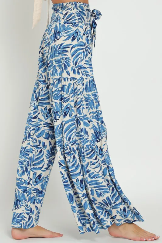 Waitlist 2/15 ♥ Jeanette High Waist Tie Tropical Print Wide Leg Pants Blue