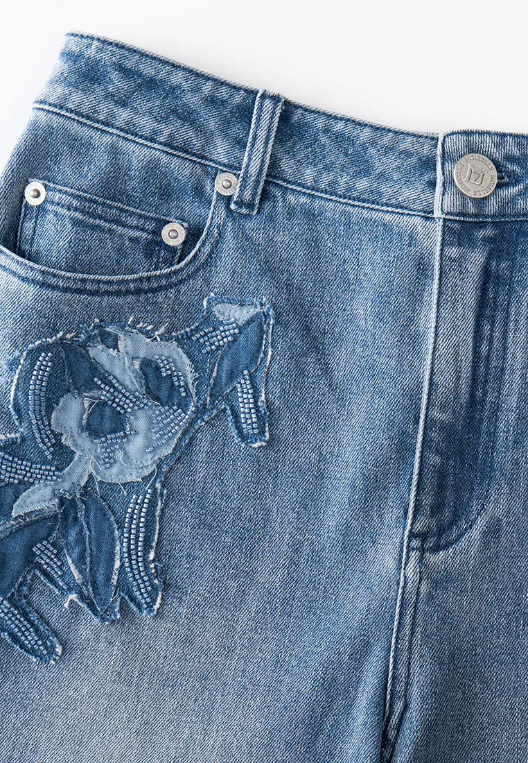 Washed Embellished Frayed-detail Flared Jeans