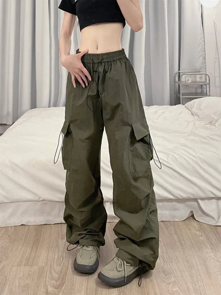 Women Cargo Parachute Pants Y2k Vintage Streetwear High Waist Joggers Baggy Wide Leg Pants