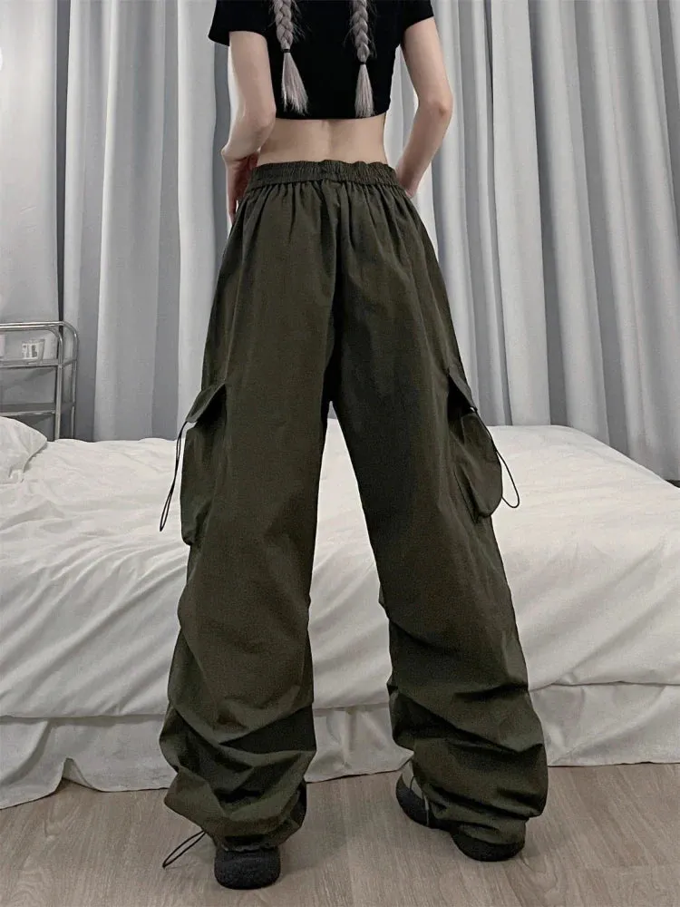 Women Cargo Parachute Pants Y2k Vintage Streetwear High Waist Joggers Baggy Wide Leg Pants