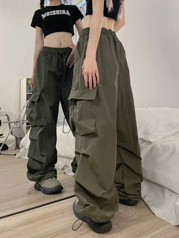 Women Cargo Parachute Pants Y2k Vintage Streetwear High Waist Joggers Baggy Wide Leg Pants