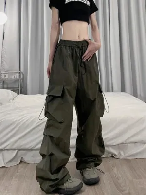 Women Cargo Parachute Pants Y2k Vintage Streetwear High Waist Joggers Baggy Wide Leg Pants