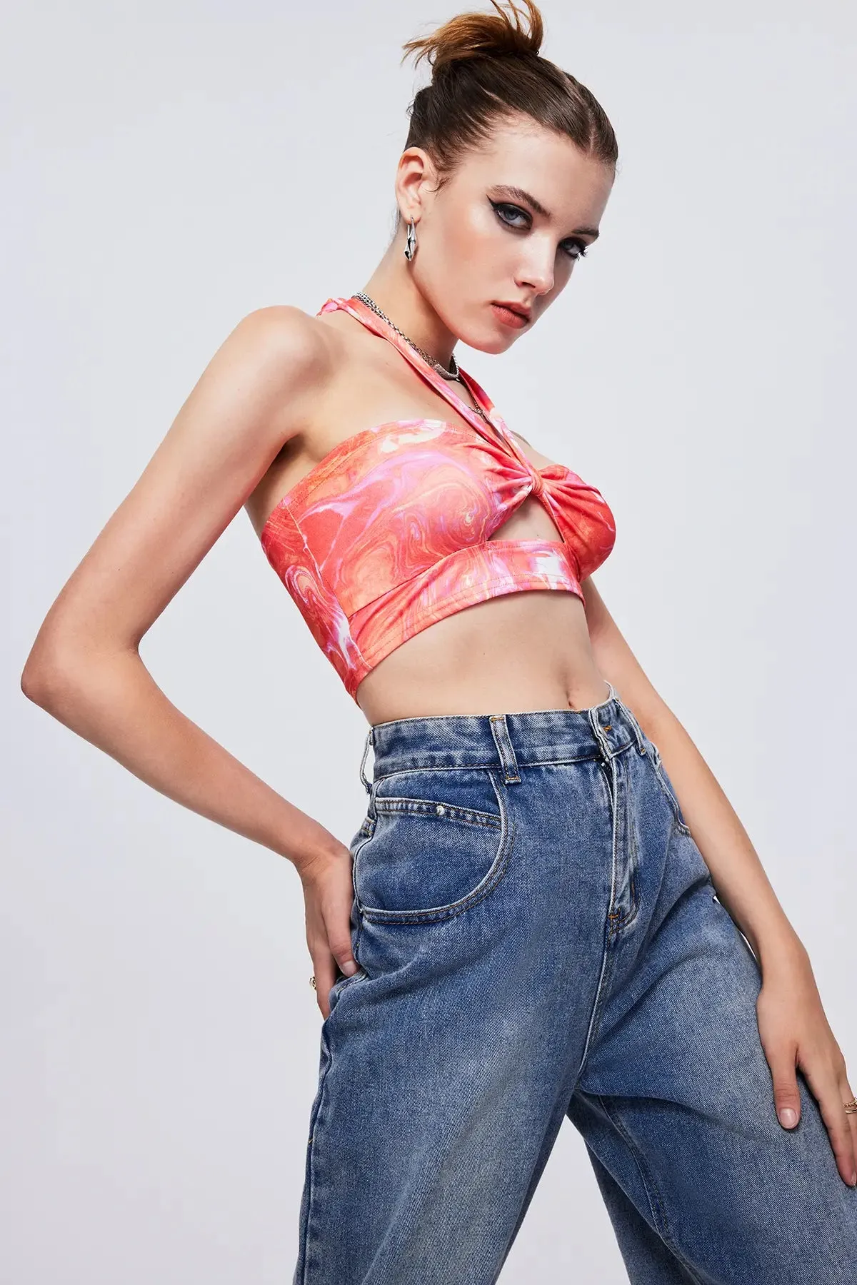 Women's Cut Out Ruched Tie Neck Crop Top
