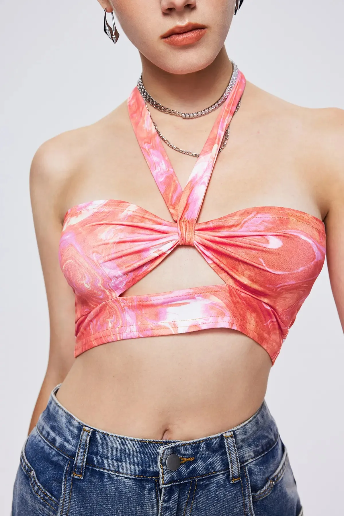 Women's Cut Out Ruched Tie Neck Crop Top