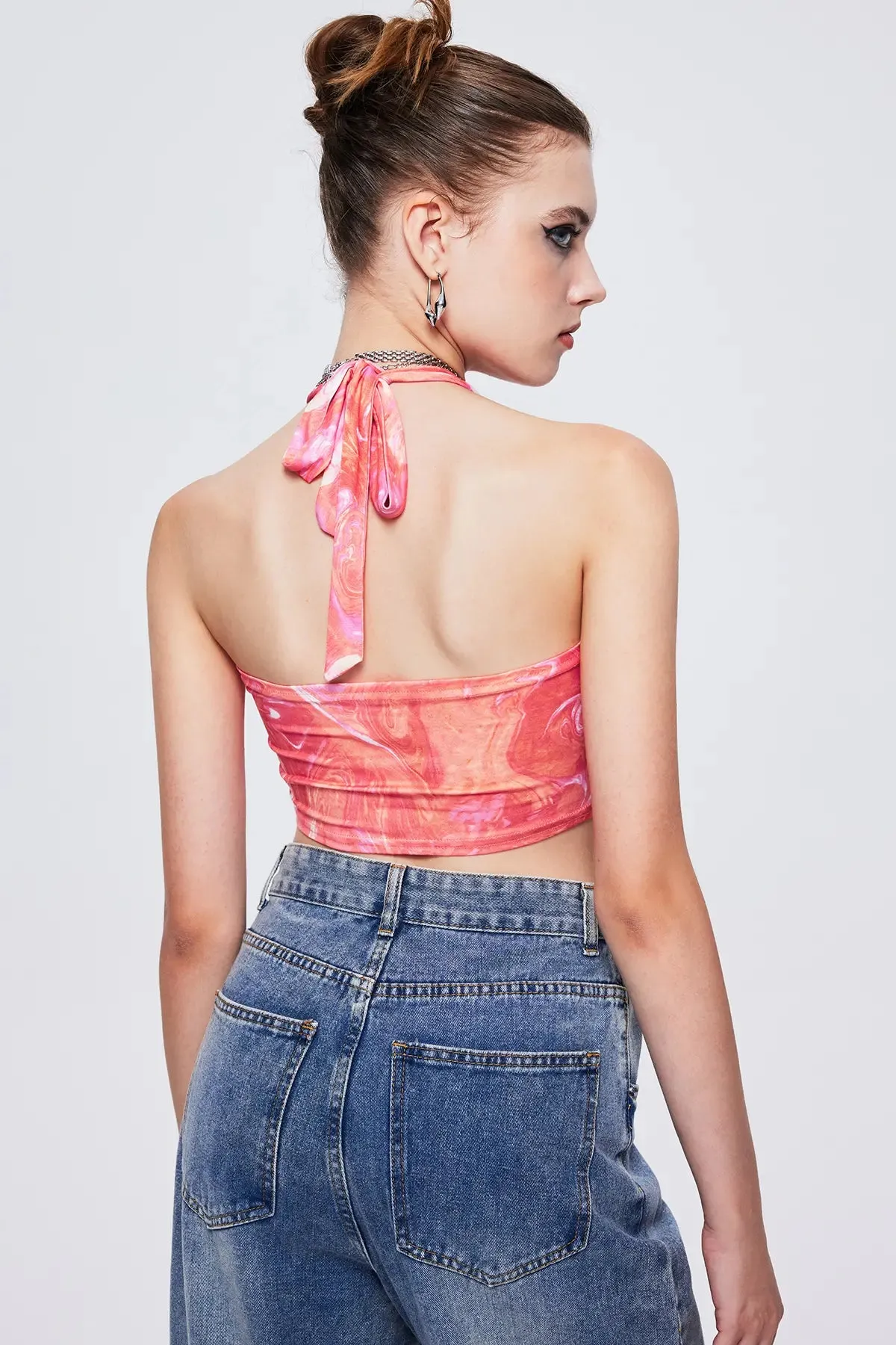 Women's Cut Out Ruched Tie Neck Crop Top